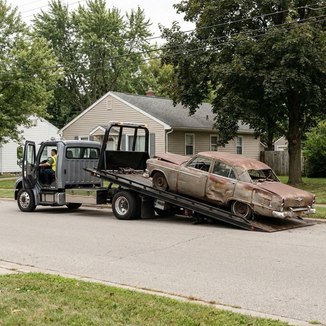 junk car pickup Illinois - tow truck loading vehicle for recycling