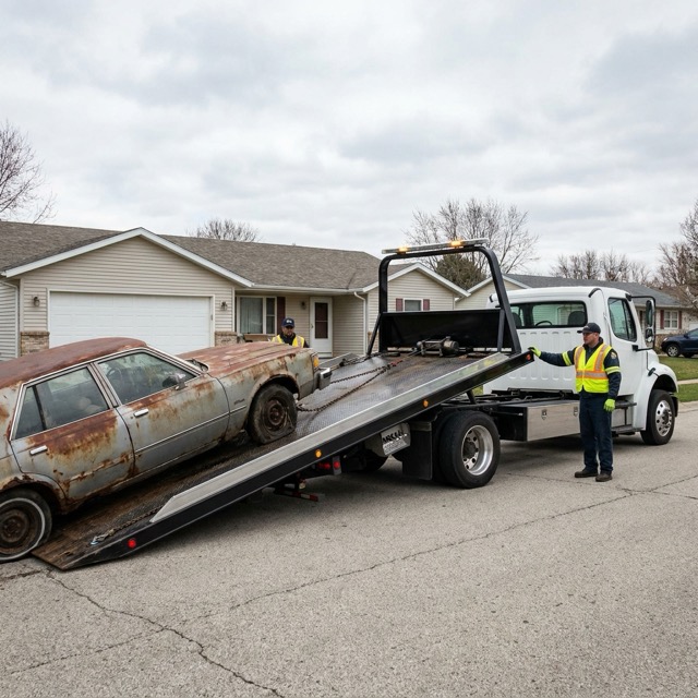 junk car pickup process Florida - tow truck arrival and vehicle loading steps