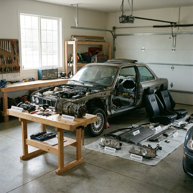 sell car for parts Illinois - dismantled vehicle with salvageable components labeled